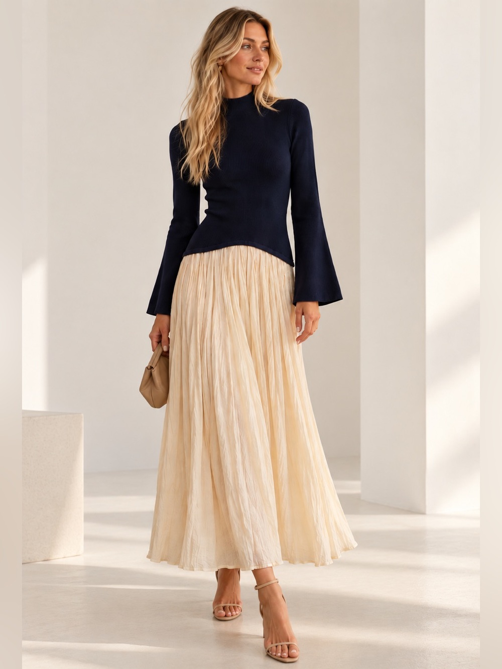 Gorgeous Tuckernuck x Moon River Navy and Cream Shirred Mock Neck Dress